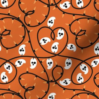 Small scale // Halloween lights coordinate // gold drop orange background black heart shaped thread sea buckthorn orange and white holidays festive illumination with ghosts