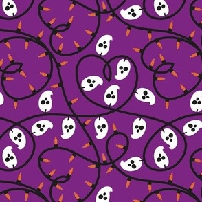 Small scale // Halloween lights coordinate // purple background black heart shaped thread gold drop orange and white holidays festive illumination with ghosts