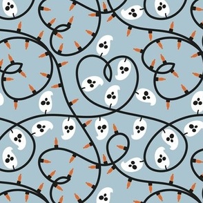 Small scale // Halloween lights coordinate // pastel blue background black heart shaped thread gold drop orange and white holidays festive illumination with ghosts