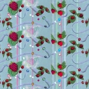 Tiny Size Raspberries and Ribbons on Powdery Blue Background