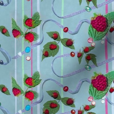 Red Raspberries and Ribbons on Powdery Blue Background