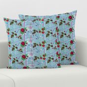 Red Raspberries and Ribbons on Powdery Blue Background
