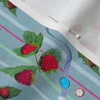 Red Raspberries and Ribbons on Powdery Blue Background