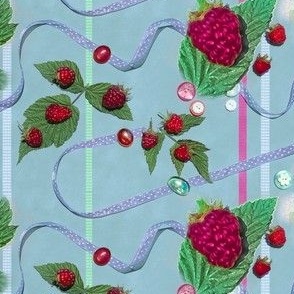 11x4-Inch Repeat of Red Raspberries and Ribbons on Powdery Blue Background