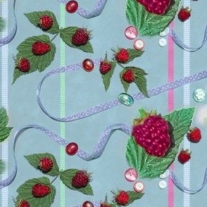 Red Raspberries and Ribbons on Powdery Blue Background