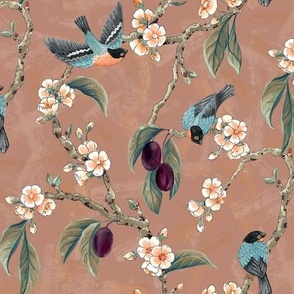 Plum Tree with Blossoms and BullFinch in Dusty Rose