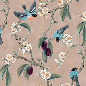 Plum Tree with Blossoms and BullFinch in Blush