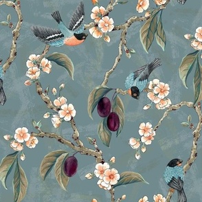 Plum Tree with Blossoms and BullFinch in Slate