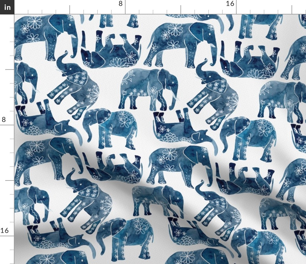 Floral Elephants - Blue Pattern
