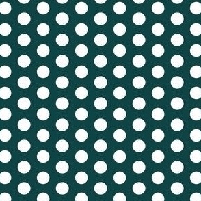 White polka dots on a green/blue background 