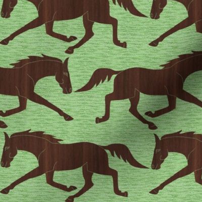 Trotting Walnut Wood Horses on Green