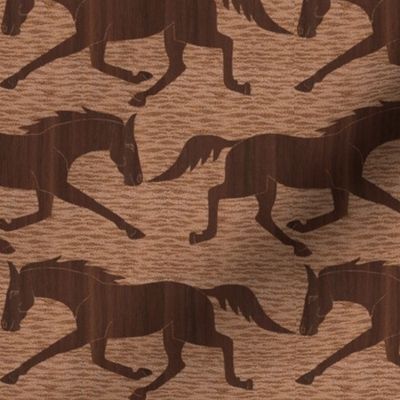 Trotting Walnut Wood Horses on  Brown