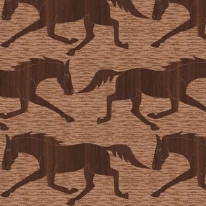 Trotting Walnut Wood Horses on  Brown