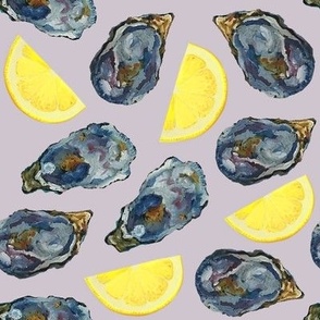 Oysters on the half shell with lemons on dusty lilac