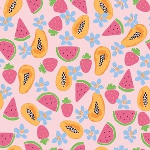 Summer tropical fruit / medium / watermelon, papaya and strawberry in pink, yellow, green and blue