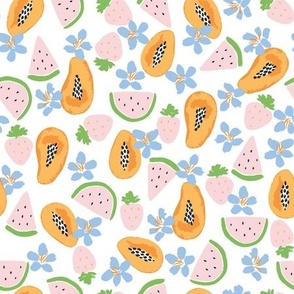 Summer tropical fruit / medium / watermelon, papaya and strawberry in pink, yellow, green and blue