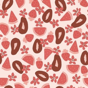 Boho tropical fruit / medium / watermelon, papaya and strawberry in bright pink and brown