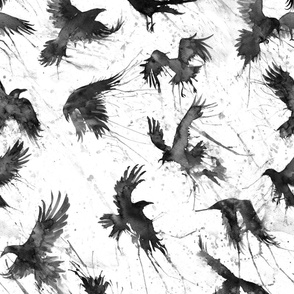 Watercolor Crows flying on white sky