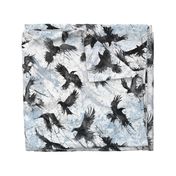 Watercolor crows on light blue sky