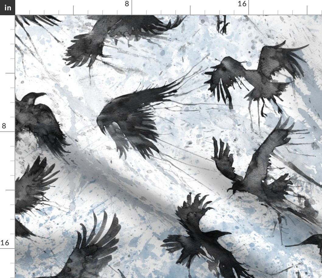 Watercolor crows on light blue sky