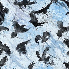 Watercolor Crows flying on blue sky