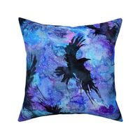 Watercolor crows on galaxy background with stars