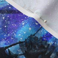 Watercolor crows on galaxy background with stars