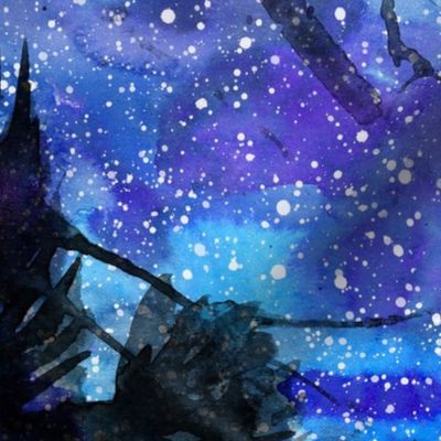 Watercolor crows on galaxy background with stars