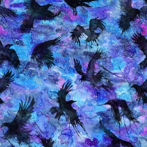 Watercolor crows on galaxy background with stars