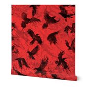 Watercolor crows on red background, gothic version 