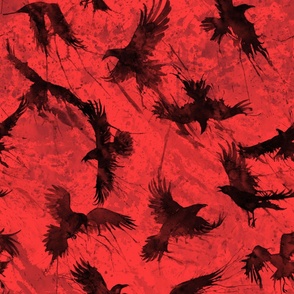 Watercolor crows on red background, gothic version 
