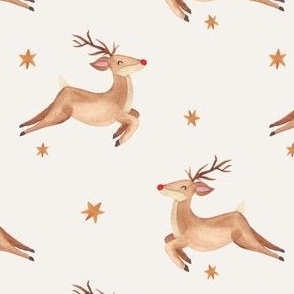 Watercolor Christmas reindeer jumping among the yellow stars on a cream base, Rudolph leaping 5 inch