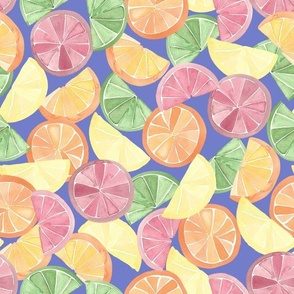watercolor fruit citrus, lemon, lime and orange in watercolor on bright blue