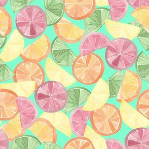 Citrus fruit large watercolour on bright mint green, lime, lemon, orange, blood orange, summer, kitchen