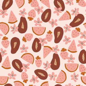 Boho tropical fruit / jumbo / watermelon, papaya and strawberry in pink and brown