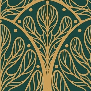 Art Deco Autumn Oak Leaf in Green and Gold - Large