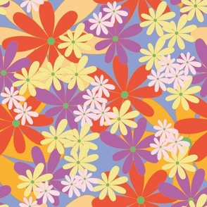 Seventies Summer Flowers on blue background