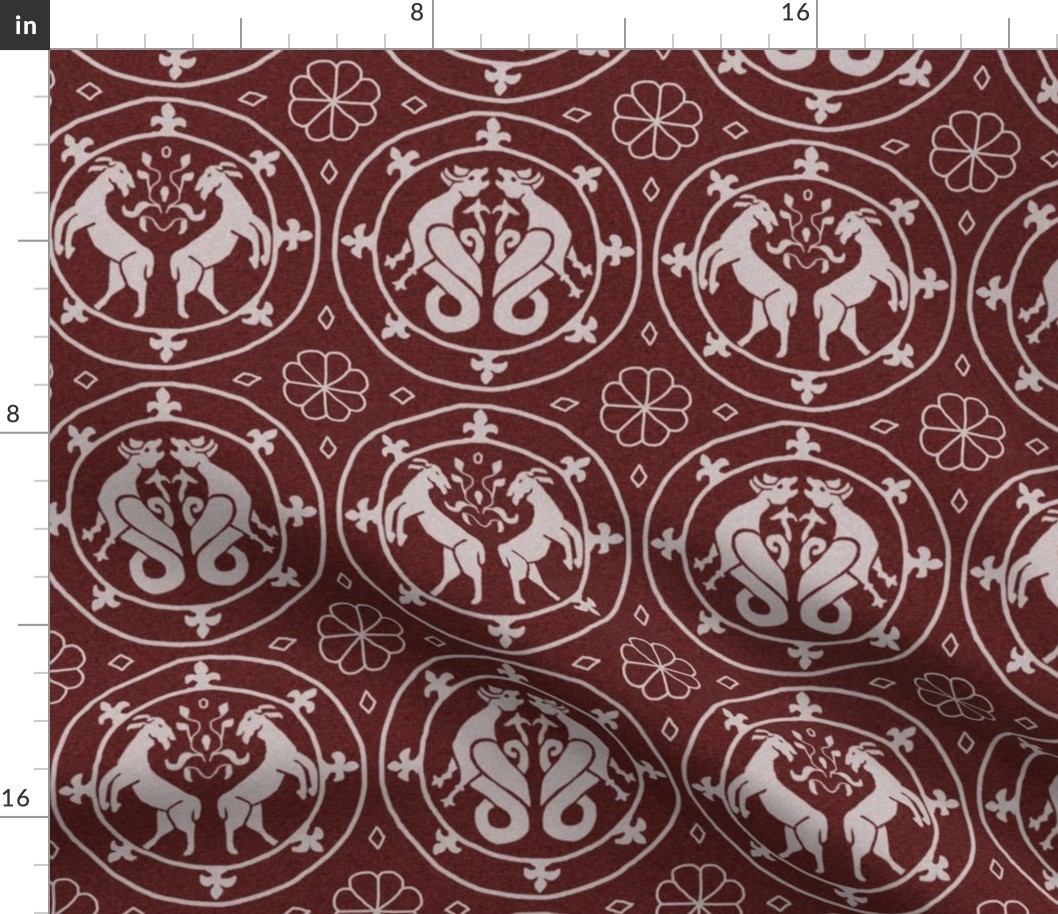 goats and dragons - BLOCKPRINT white on cranberry