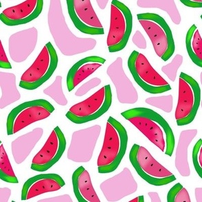 Hand Drawn Tossed Watermelon in Bright Pinks and Greens on White Ground Medium Scale