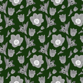 Playing Possum (allover) - greyscale on forest green, medium to large