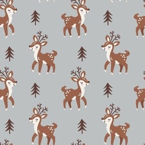 Cute deers with fir trees on gray background. Medium scale