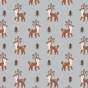 Cute deers with fir trees on gray background. Small scale