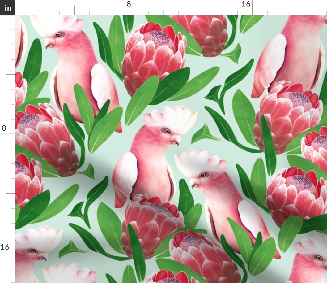 Pink Cockatoo and Protea Damask - pastel green