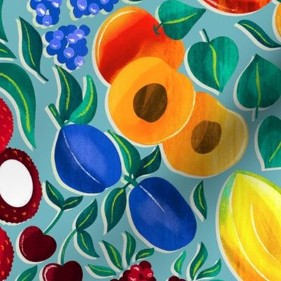 Stone Fruit Fiesta - Blue - Large Scale 