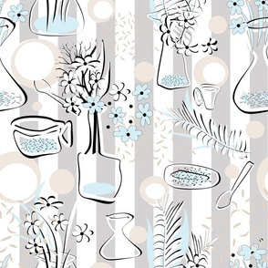 Retro vase pattern with flowers on a striped background 