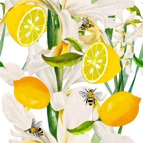 Summer,bees, citrus ,floral Mediterranean style ,lemon fruit pattern 