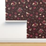 highland cattle floral on burgundy background