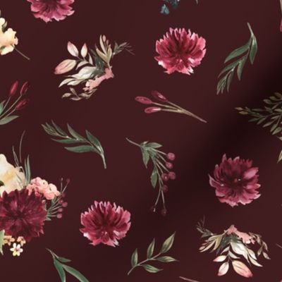 highland cattle floral on burgundy background