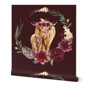 18x18 inch patch burgundy highland cattle with crown and wreath