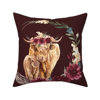 18x18 inch patch burgundy highland cattle with crown and wreath